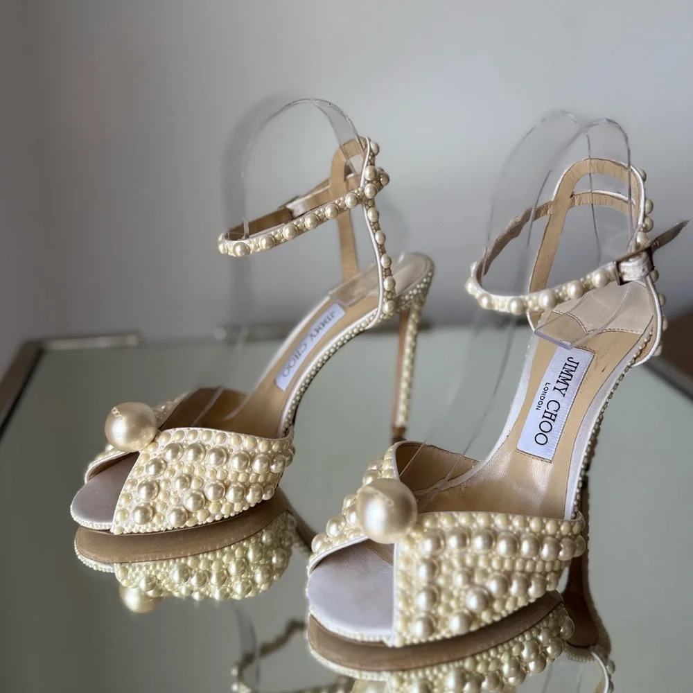 Like New Jimmy Choo Sacora 100 White Satin Sandals with All Over Pearls 38 - Picture 13 of 16